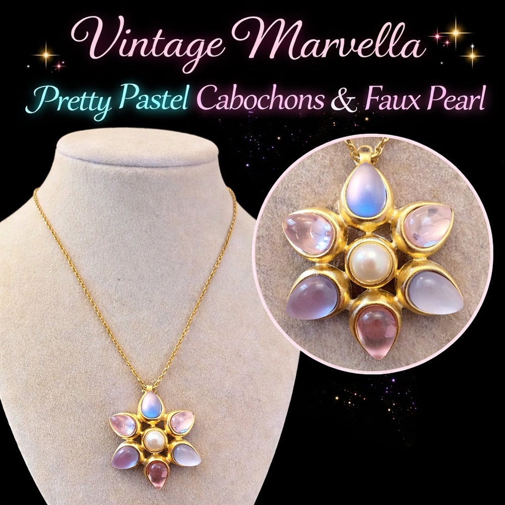 Vintage Marvella Gold Tone Pastel Cabochon Faux Pearl Pendant Necklace